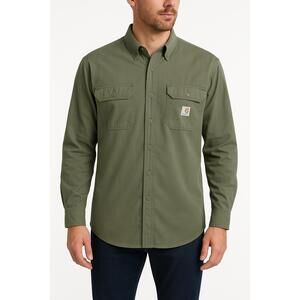 Carhartt Shirt Mens Large Tall Olive Green‎ Button Up Workwear Pocket Utility